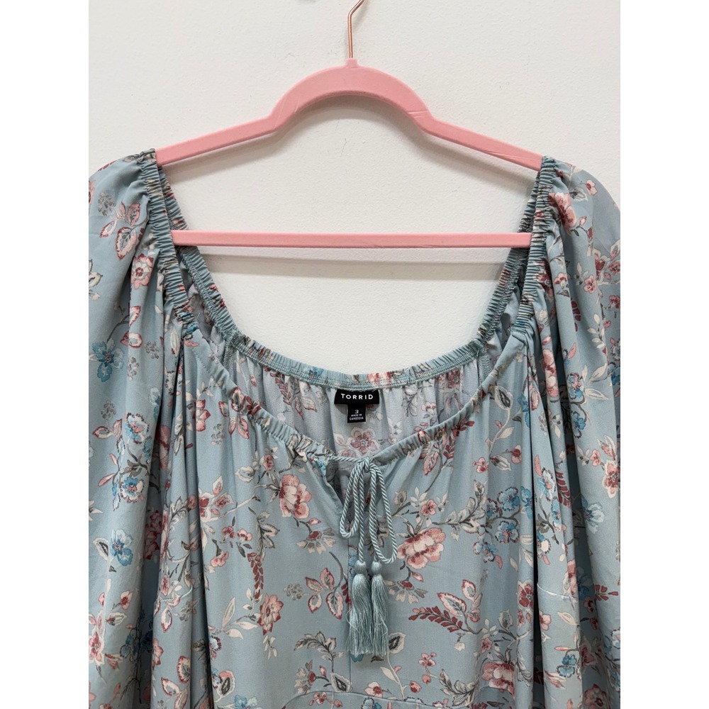 Torrid Maxi Dress 2 Blue Floral Boho Tassel Long Sleeve Tiered Hem - Picture 5 of 10